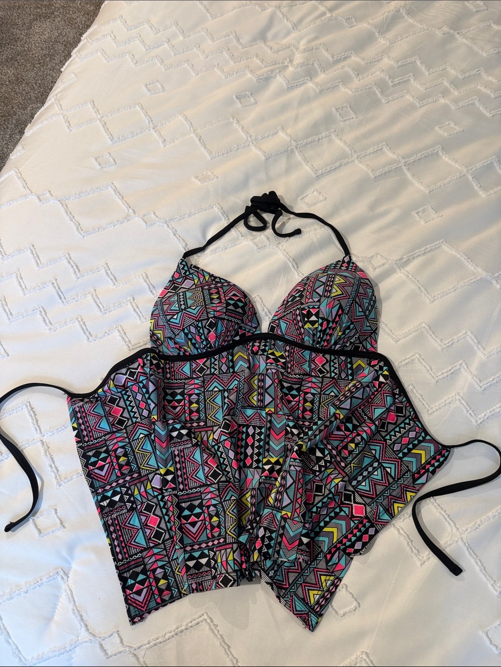 Malibu Multicolor Geometric Tankini Top with Black Trim